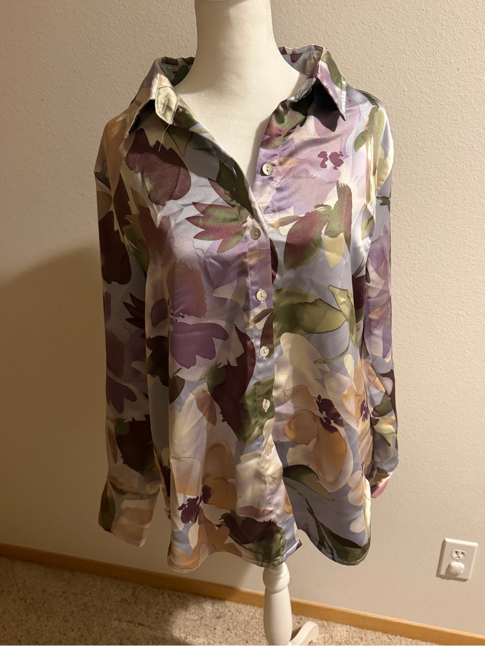 Floral Satin Button-Down Blouse - Purple Multi